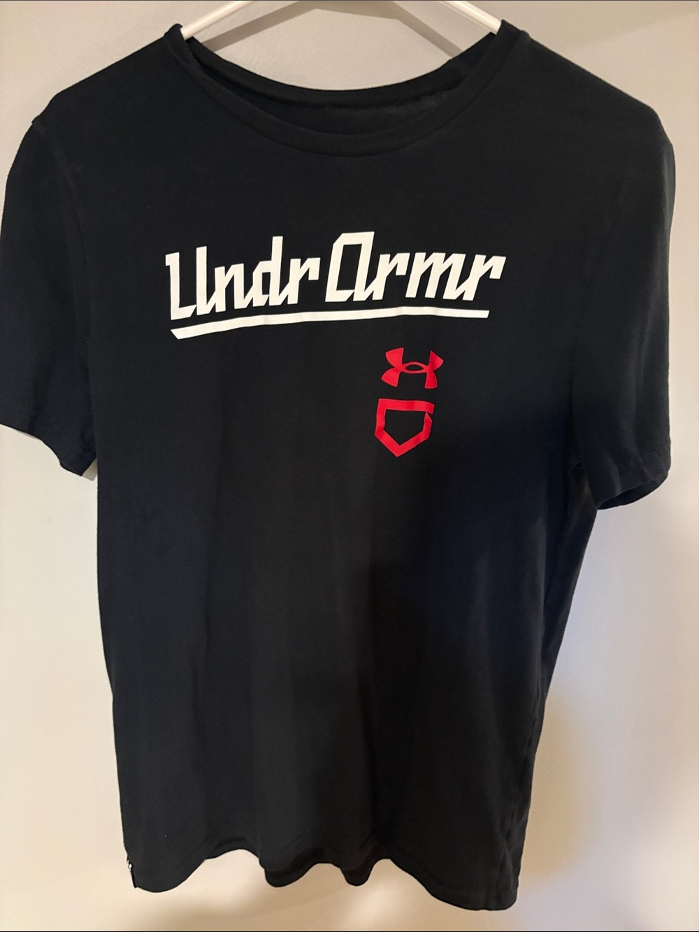 Under Armour navy  Short Sleeve Tee with White Script and Red Logo